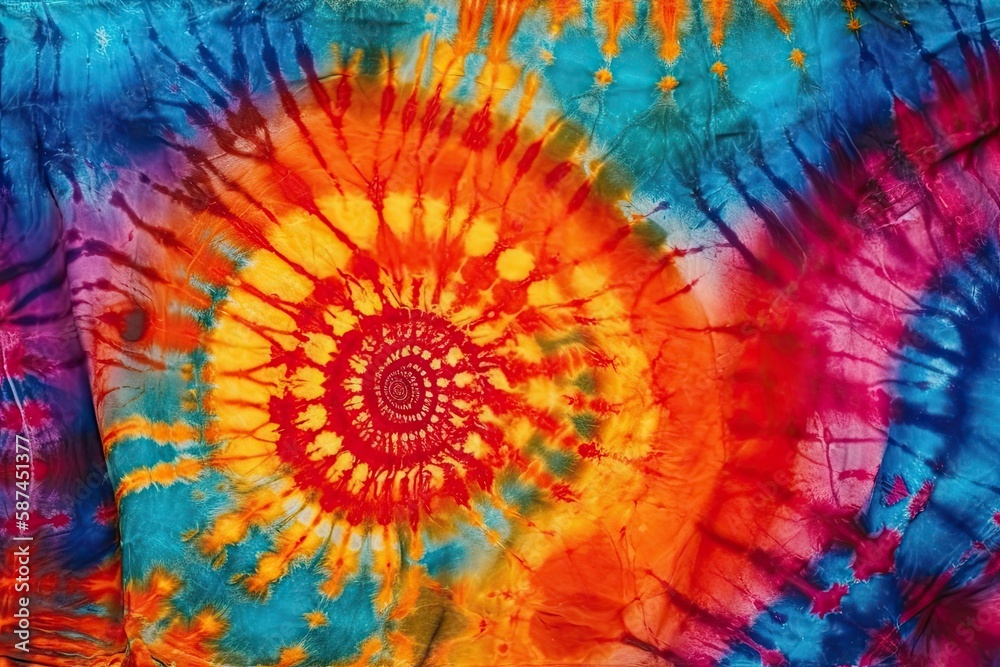 vibrant tie-dyed shirt with a spiral pattern in various colors. Generative AI