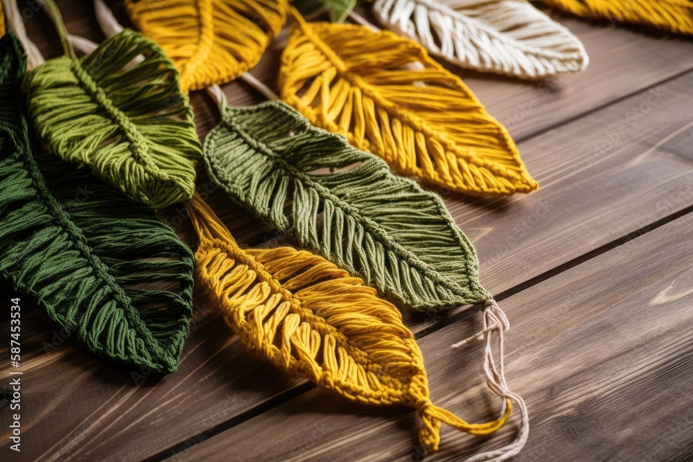 Yellow, green, and natural macrame leaves on wood. Decorate with cotton rope macrame. Generative AI