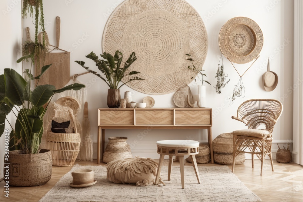 mockup wall with boho interior background, wooden living room design, Nordic style,. Generative AI