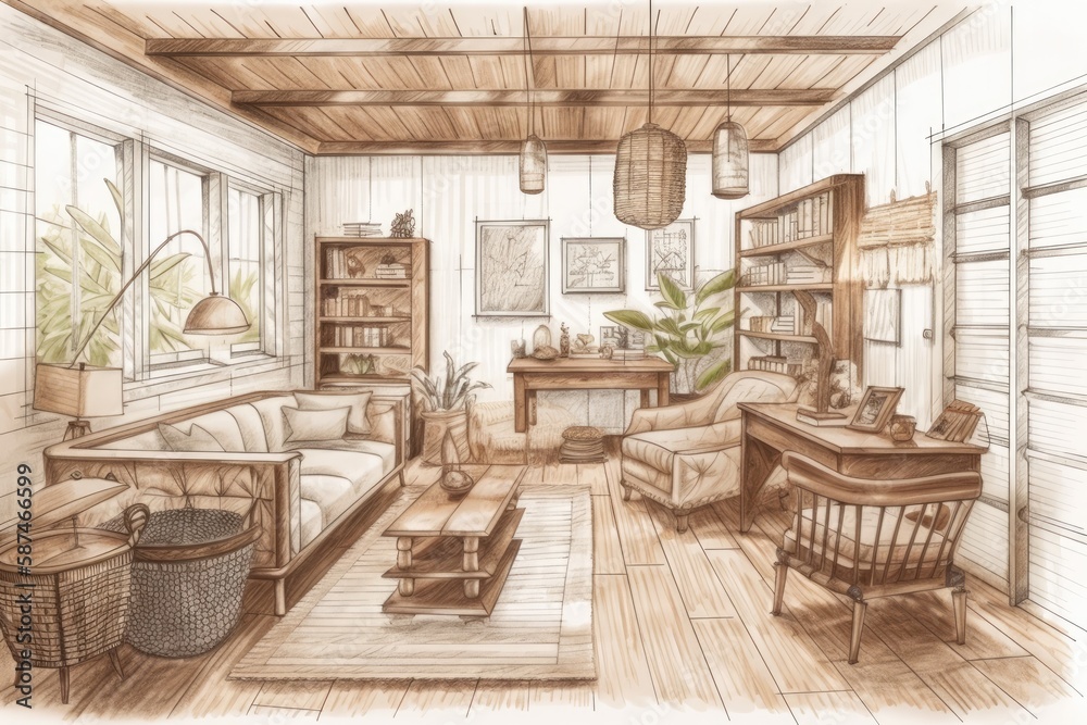 Architect interior designer concept unfinished hand drawn project becomes farmhouse wooden living ro