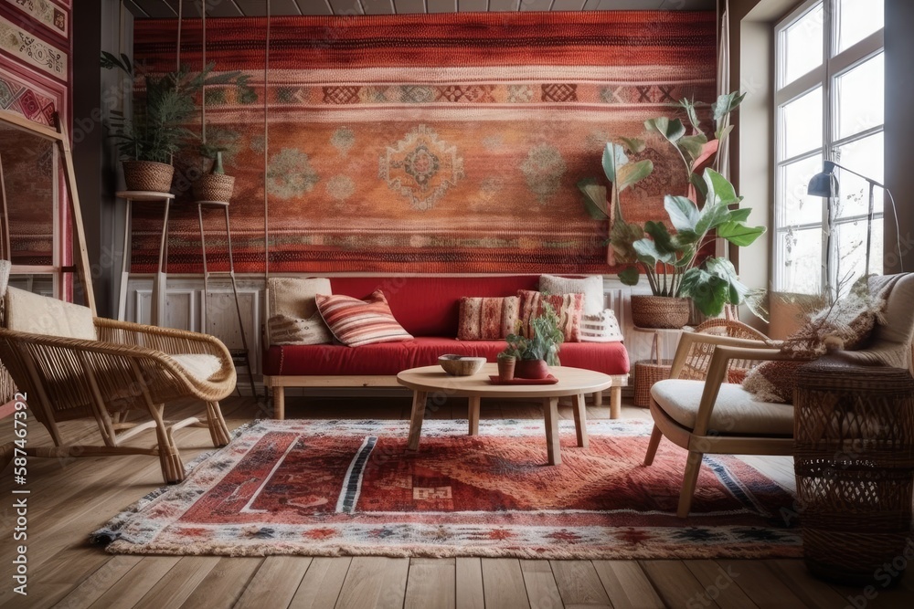 Wallpaper and parquet bohemian living room. White and red sofa, jute mat, and rattan armchair. Bohem