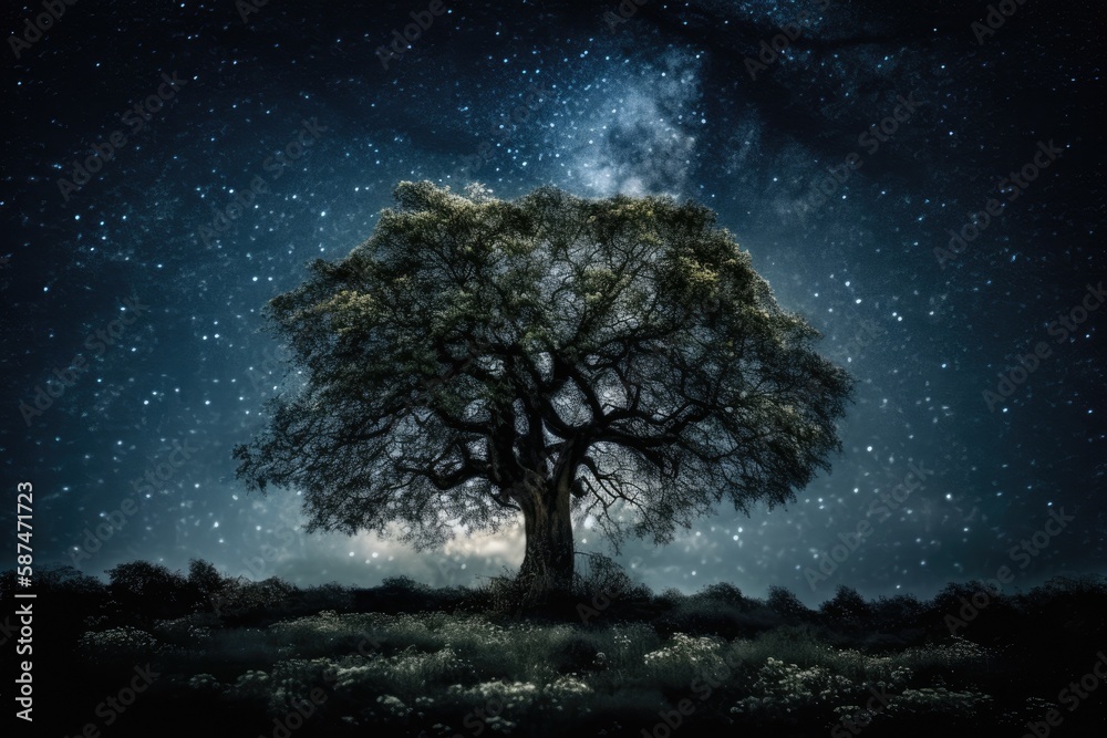 lone tree standing under a starry night sky in an open field. Generative AI