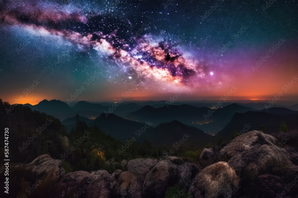 Milky Way galaxy with Jupiter Venus and Saturn over the wildfire mountain at dawn. Generative AI