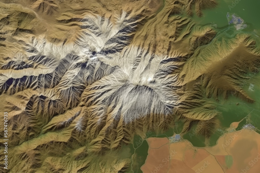 panoramic view of snow-capped mountains from a satellite perspective. Generative AI