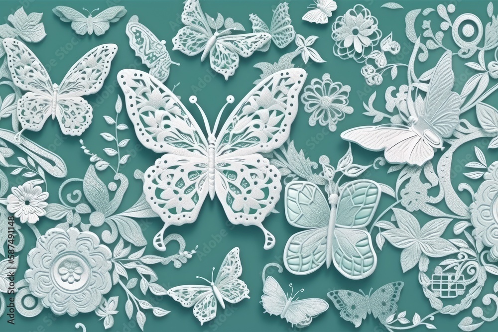 group of white butterflies fluttering on a lush green background. Generative AI
