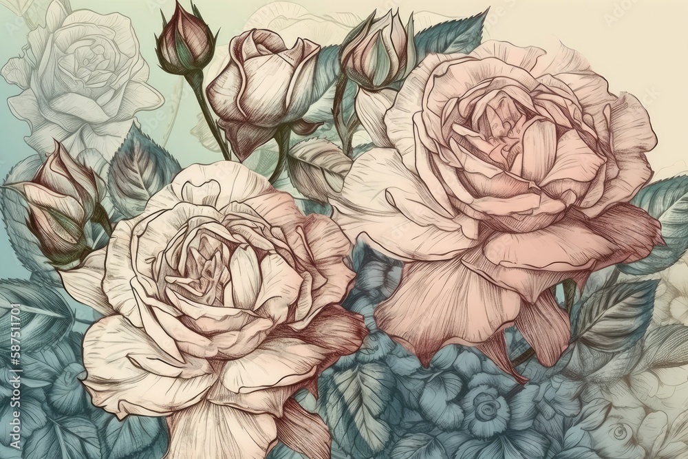 beautiful bouquet of roses with green leaves. Generative AI