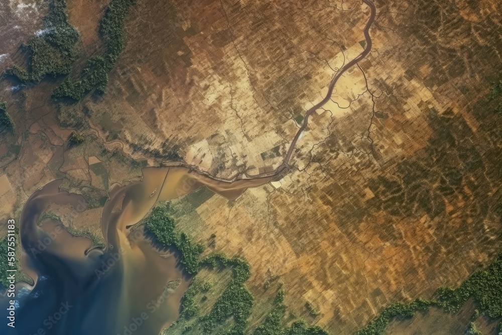 elevated perspective of a winding river flowing through a lush landscape. Generative AI
