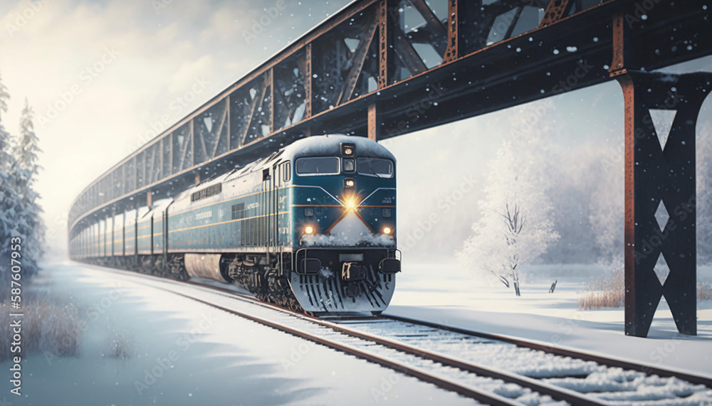 modern background with train on the bridge in the winter. Generative AI