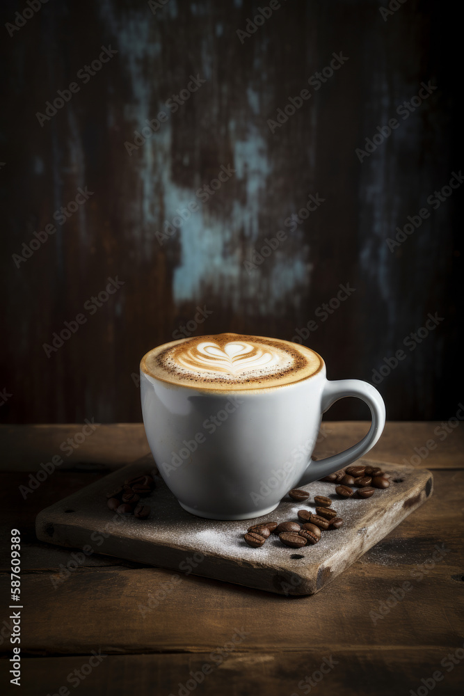 Cup of coffee. Rustic background. Illustration AI Generative.