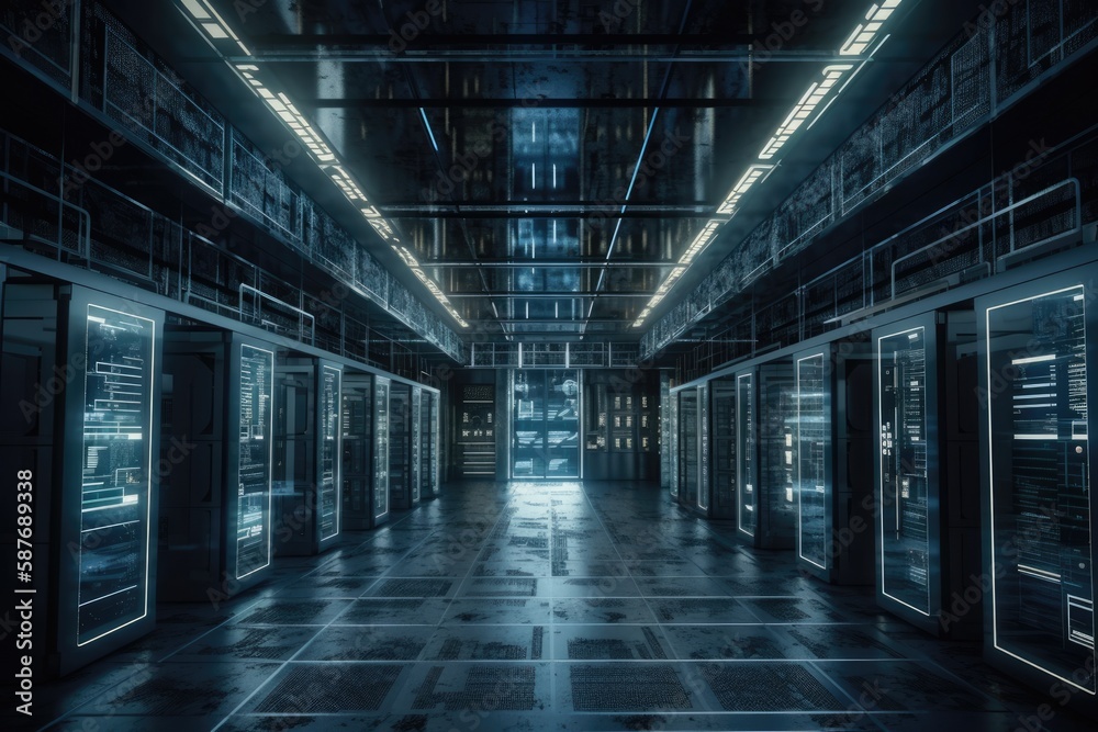 Illustration of an empty server room with multiple glass doors and equipment racks. Generative AI