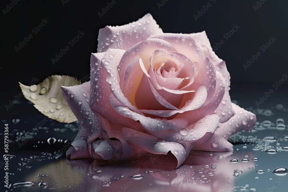 pink rose covered in glistening water droplets. Generative AI