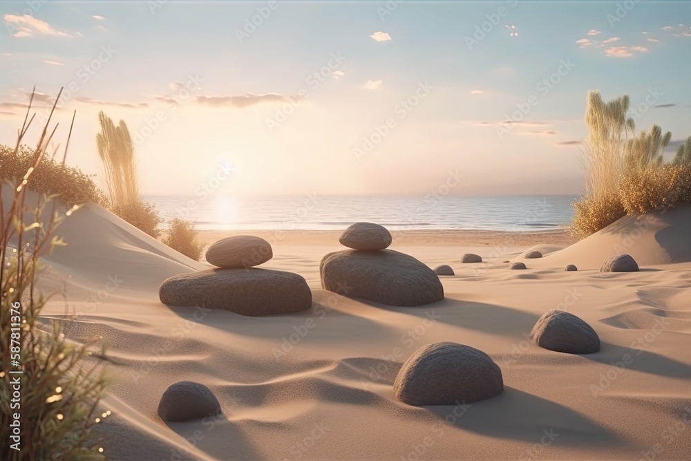 Illustration of rocks resting on a sandy beach with ocean waves in the background. Generative AI
