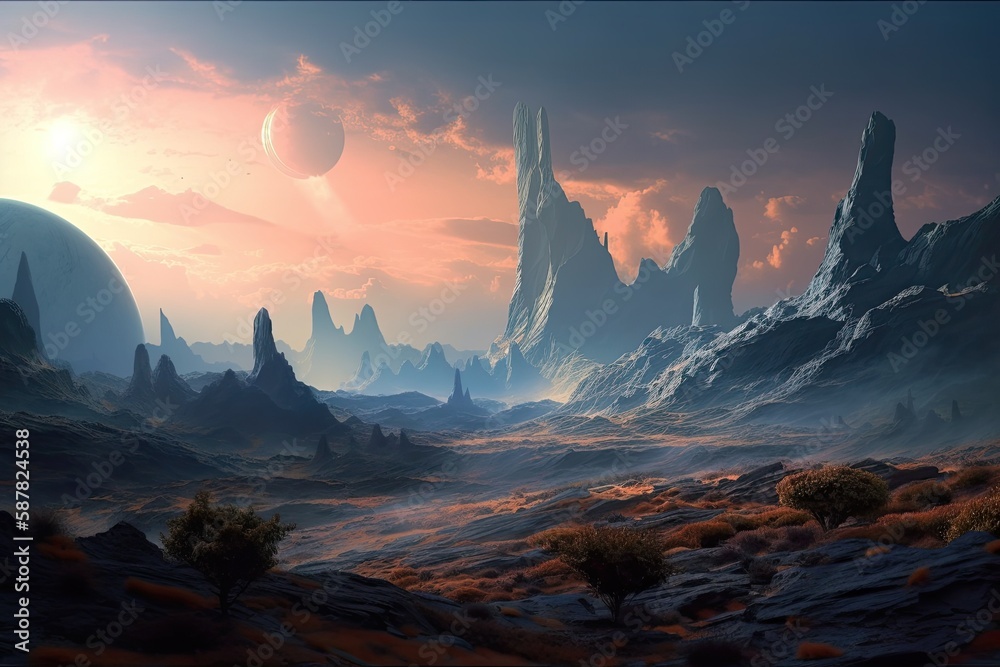 Illustration of an extraterrestrial landscape with rocky mountains and multiple planets in the sky. 