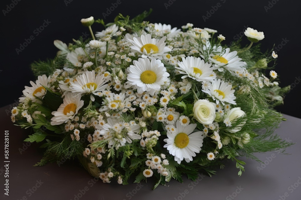 beautiful bouquet of white and yellow flowers on a wooden table. Generative AI