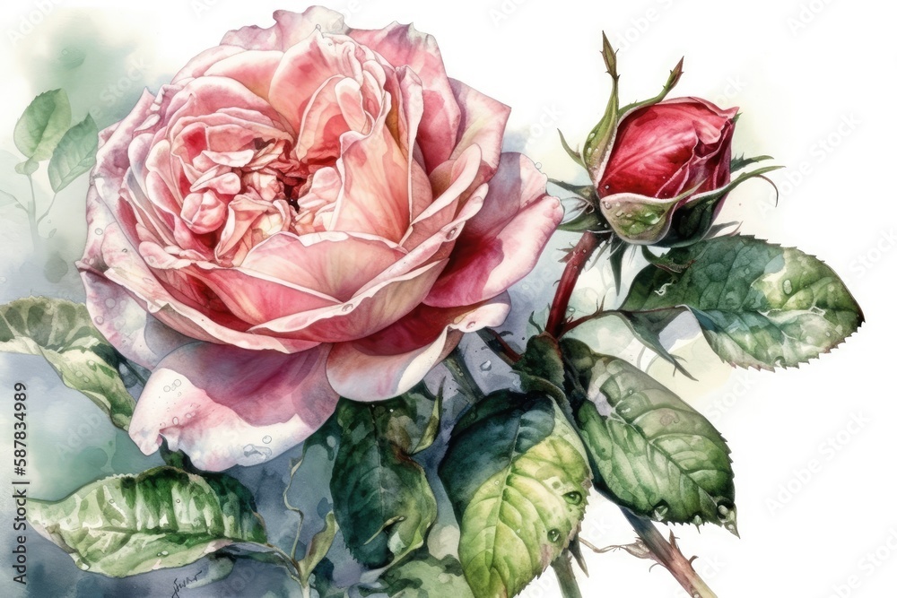 pink rose with green leaves painted on a white background. Generative AI