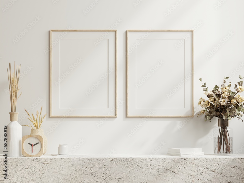 Mockup two poster frame in minimalist interior background with white green wall.