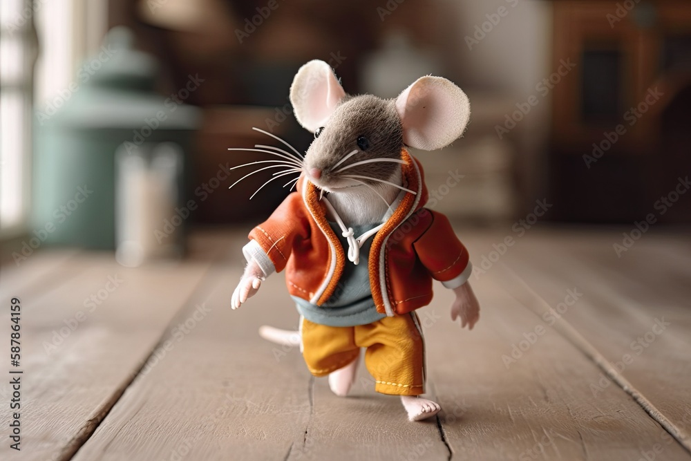 cute toy mouse dressed in a jacket and yellow pants. Generative AI