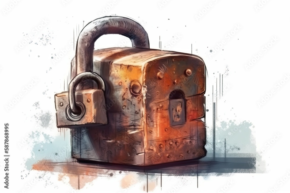 rusty padlock on a chain with a closed shackle. Generative AI