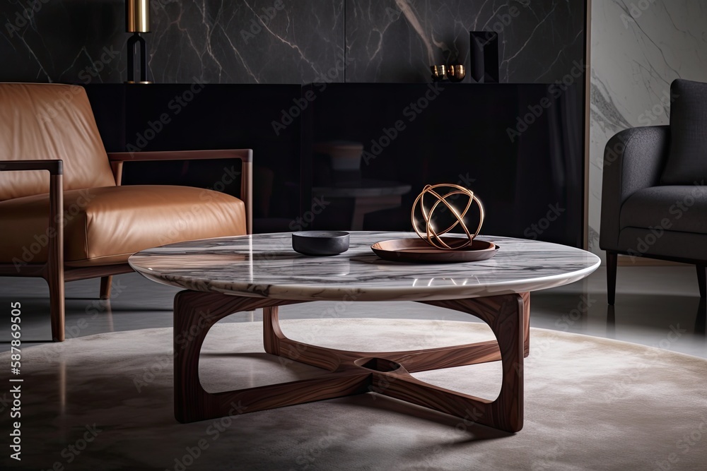 modern living room with a sleek marble coffee table and elegant leather chairs. Generative AI