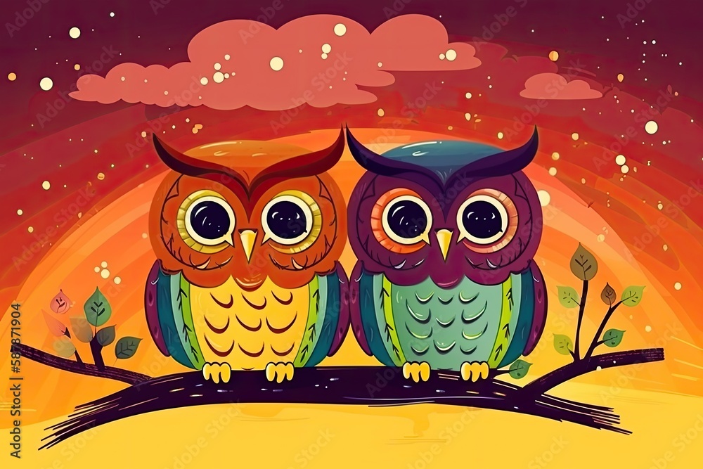 Illustration of two owls perched on a tree branch against a starry night sky. Generative AI