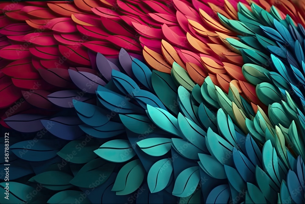 Colorful Wall with Vibrant Leaves Close Up. Generative AI