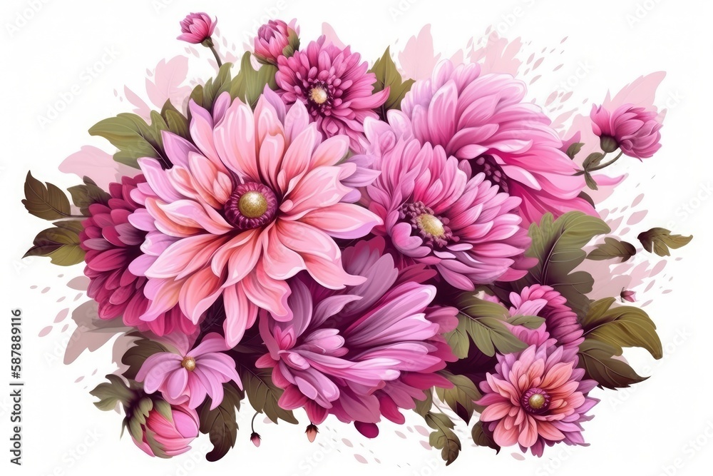 beautiful bouquet of pink flowers isolated on a white background. Generative AI