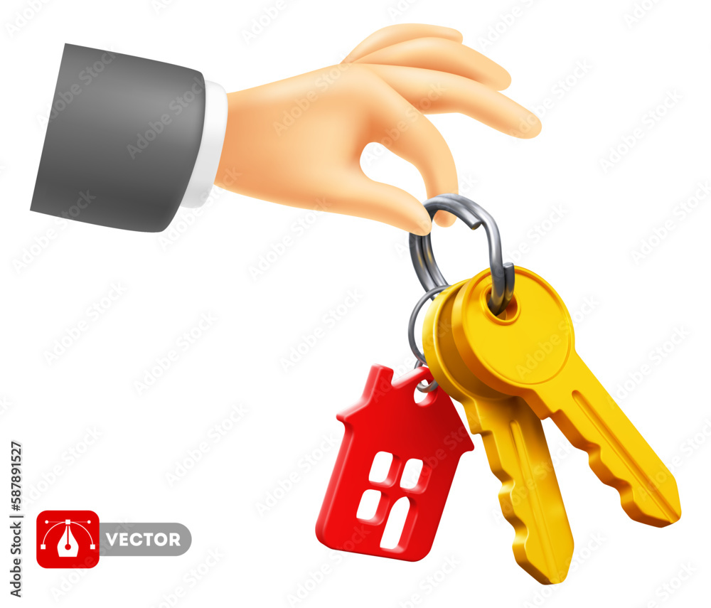 Hand holds keys with keychain in the form of house. Real estate concept, buying, selling, protection