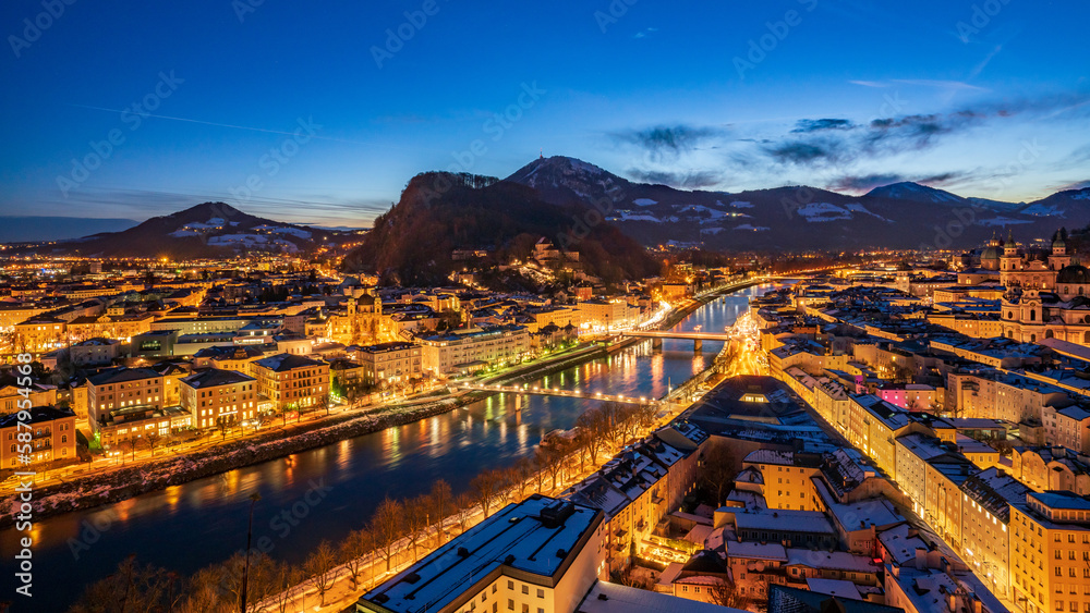 Night landscape of Fortress Hohensalzburg and historic building in winter, Salzburg , Austria