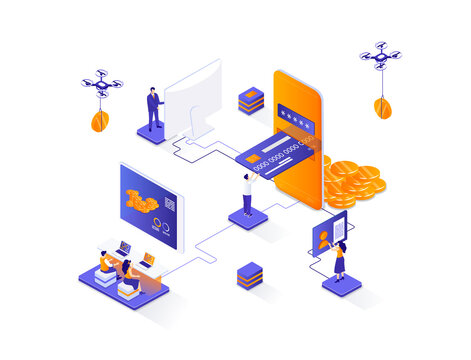Mobile banking isometric web banner. Digital wallet, fintech mobile application isometry concept. Money transactions and payments 3d scene, smart finance app. Illustration with people characters.
