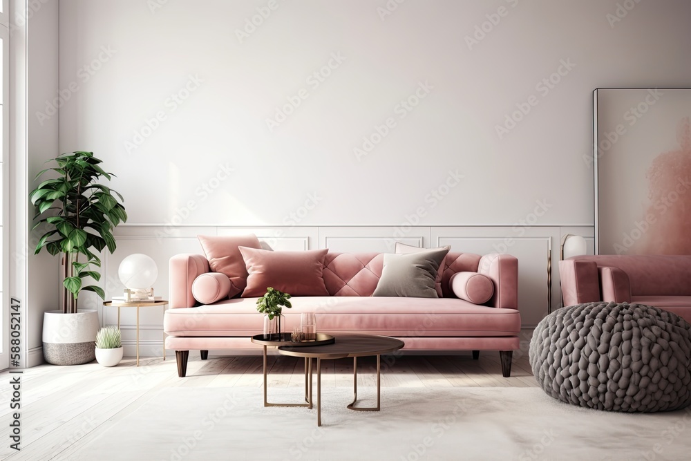 cozy living room with a pink couch and a modern coffee table. Generative AI