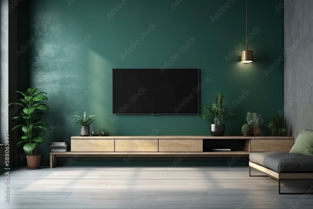 modern living room with green walls and a large flat screen TV. Generative AI