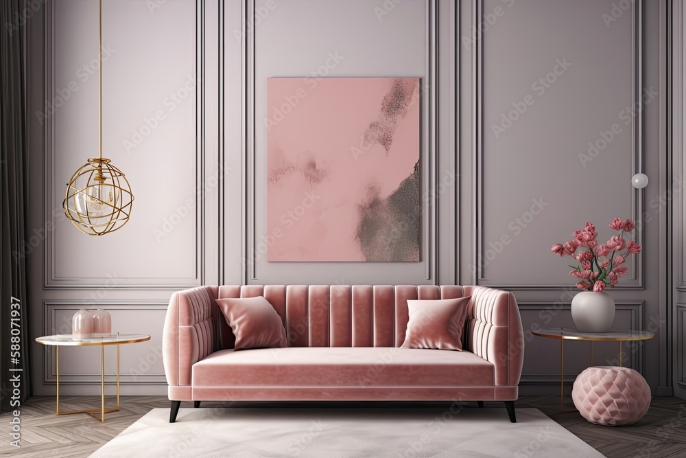 modern living room with a vibrant pink couch and minimalist decor. Generative AI