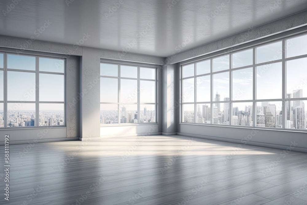Illustration of an empty room with large windows offering a panoramic view of the cityscape. Generat