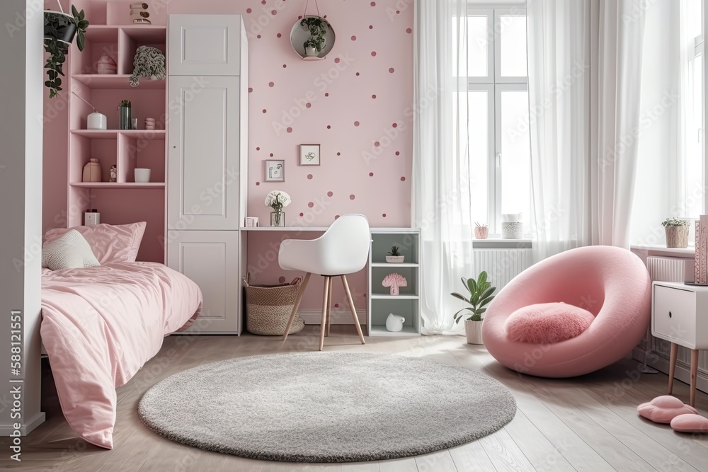 cozy bedroom with soft pink walls and elegant white furniture. Generative AI