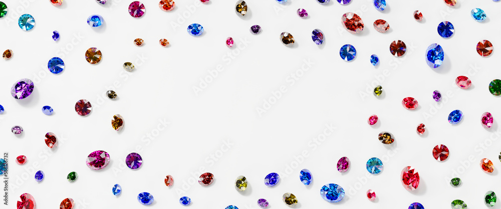 Colorful Gemstones crystal diamond top view placed on white background with frame copy space 3d rend