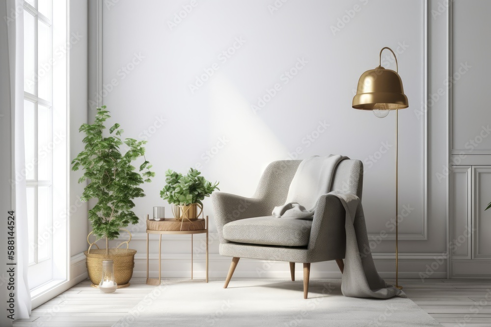 cozy living room with a green potted plant and comfortable armchair. Generative AI