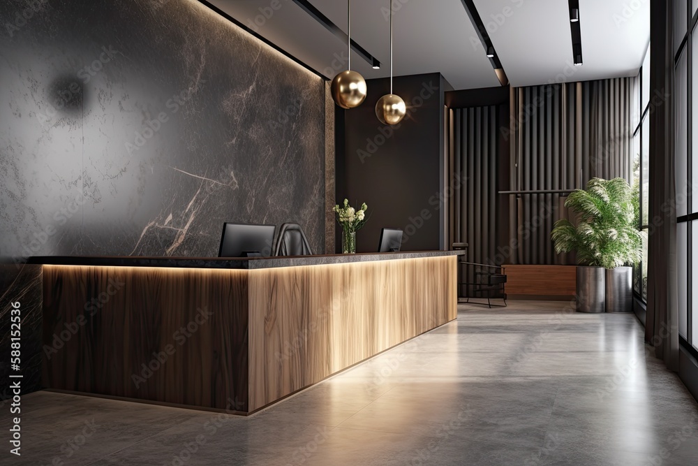 modern and minimalistic reception area with a sleek wooden counter. Generative AI