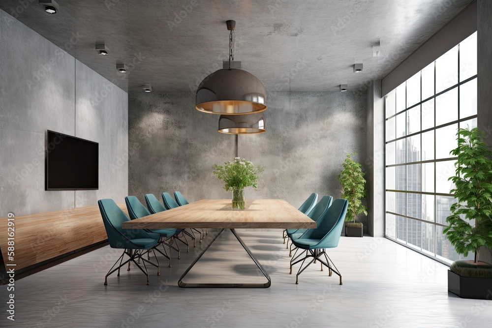 modern dining room with a sleek table and comfortable chairs. Generative AI