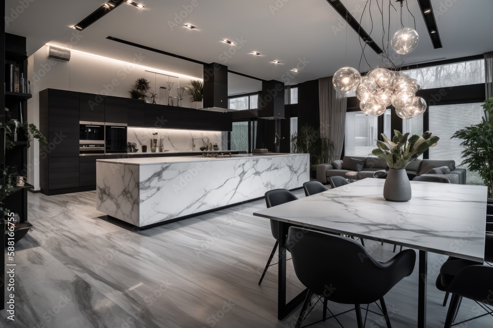 contemporary kitchen with a spacious marble island and dining table. Generative AI