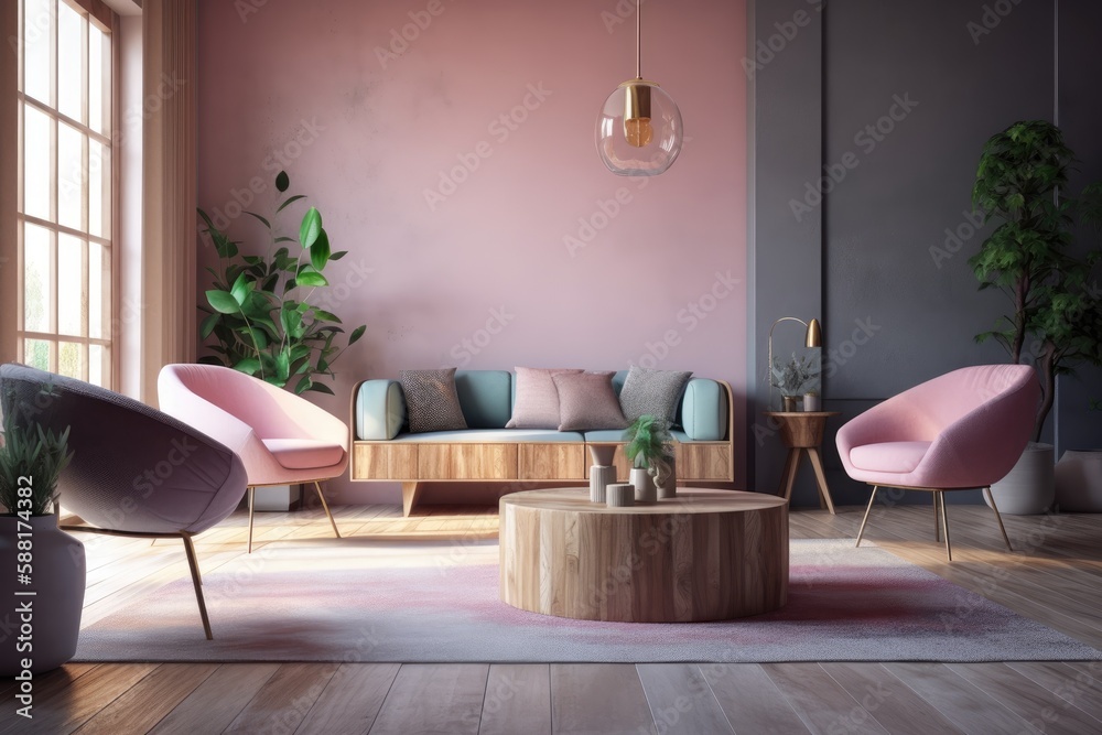 cozy living room with pink walls and stylish furniture. Generative AI