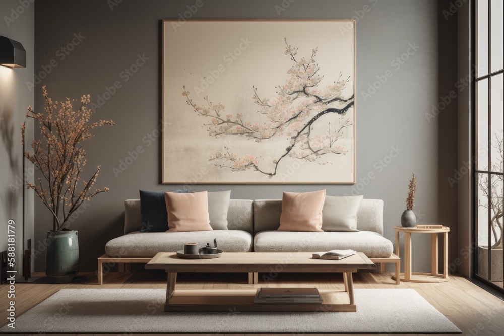 cozy living room with elegant furniture and a beautiful painting on the wall. Generative AI