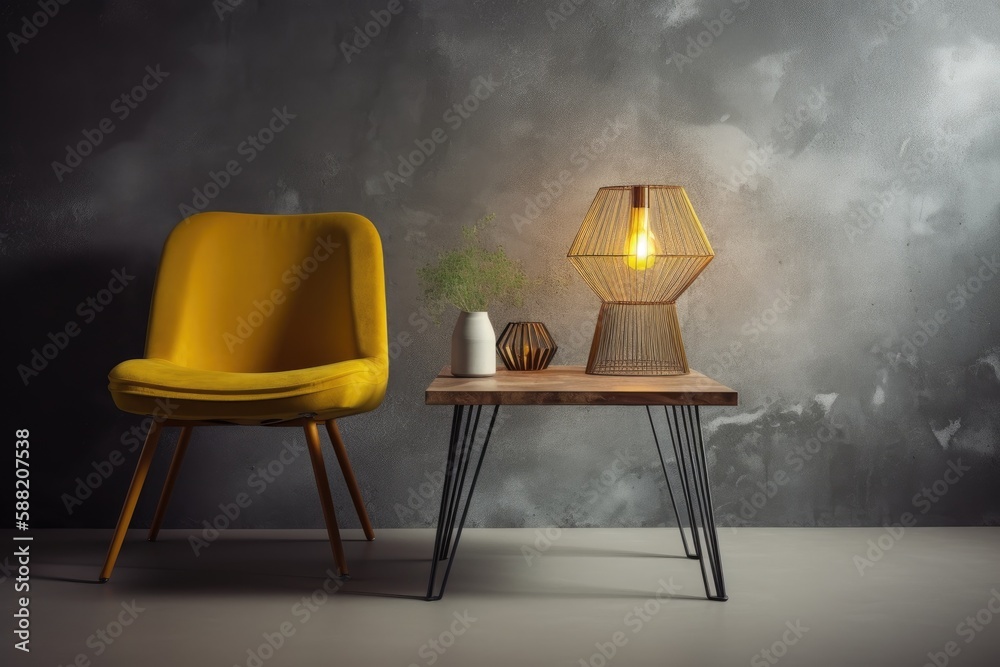 yellow chair and a table with a lamp. Generative AI