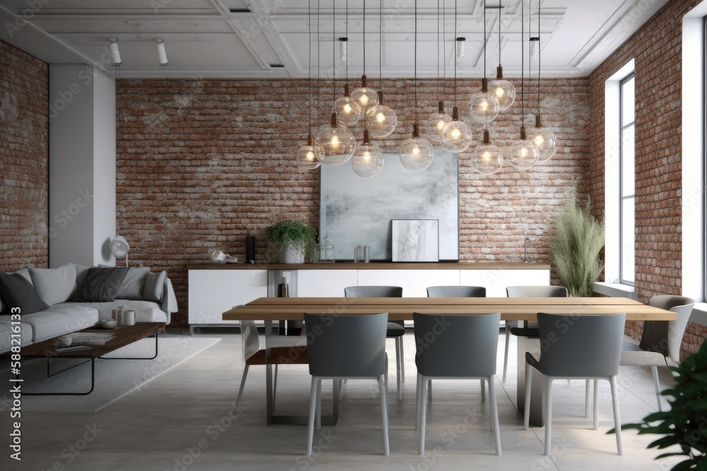 contemporary dining room with exposed brick wall and elegant decor. Generative AI