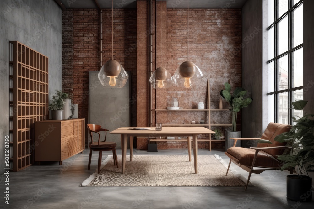 cozy dining room with a brick wall and rustic furniture. Generative AI