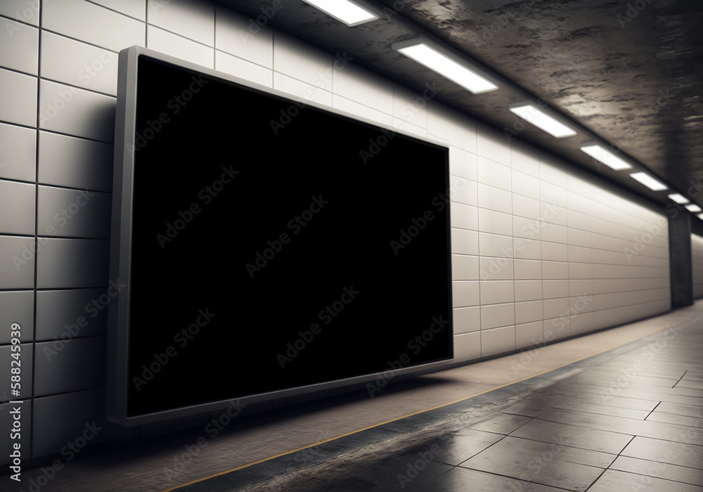Horizontal billboard on underground wall Mockup. Hoarding advertising on train station. Generative A