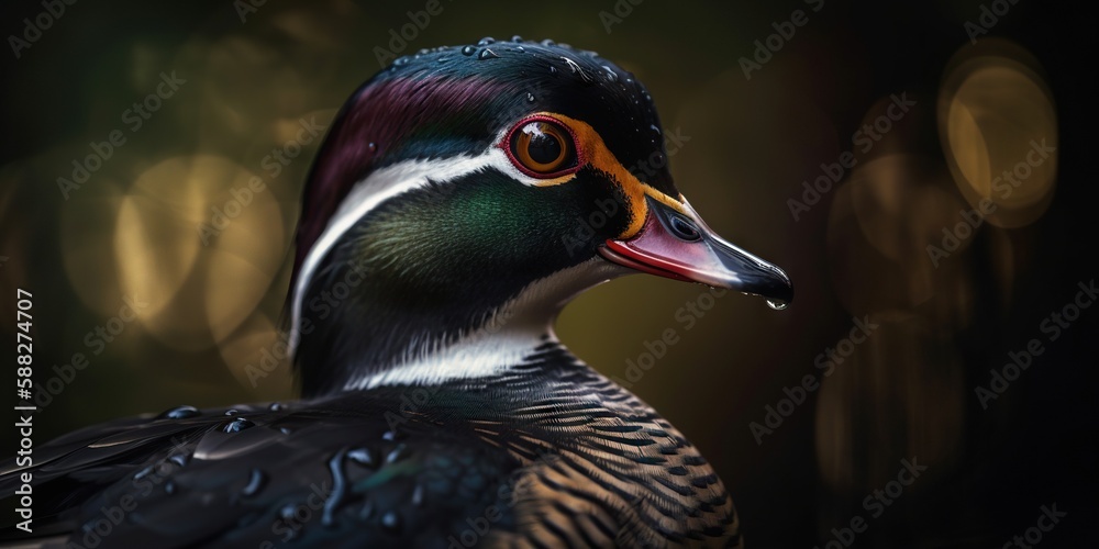 A wood duck bird portrait. Blurry background. Generative AI