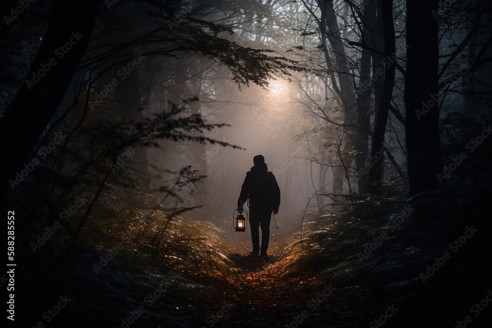  a person standing in the middle of a forest holding a lantern in their hand and a flashlight in the