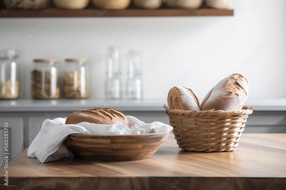 a basket of bread sitting on top of a wooden table next to a loaf of bread on top of a white cloth 