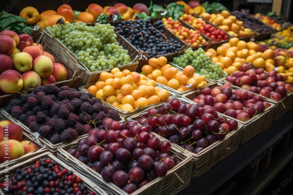  a variety of fruits are on display in a market stall, including plums, apples, plums, plums, and pl