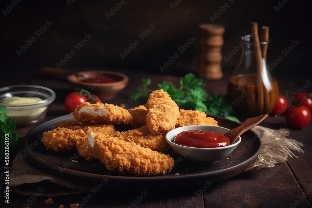  a plate of fried chicken with ketchup and a bowl of sauce on a table next to a bottle of ketchup an